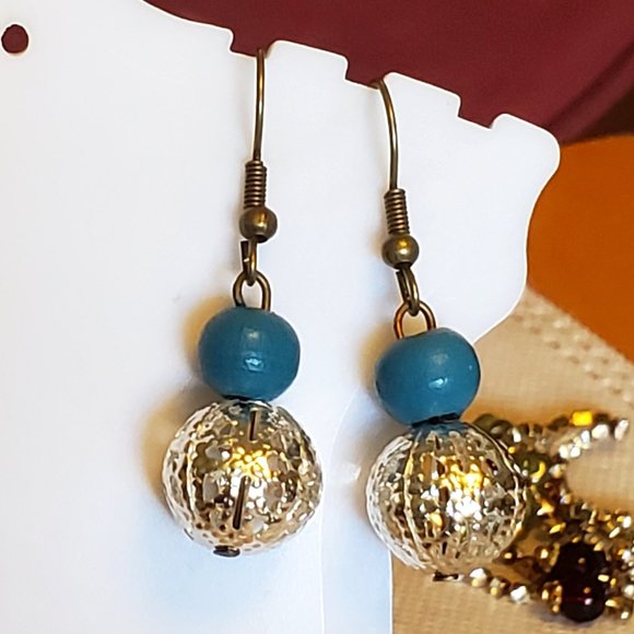 Bronze Hook Metal and Wood Bead Dangle Earrings